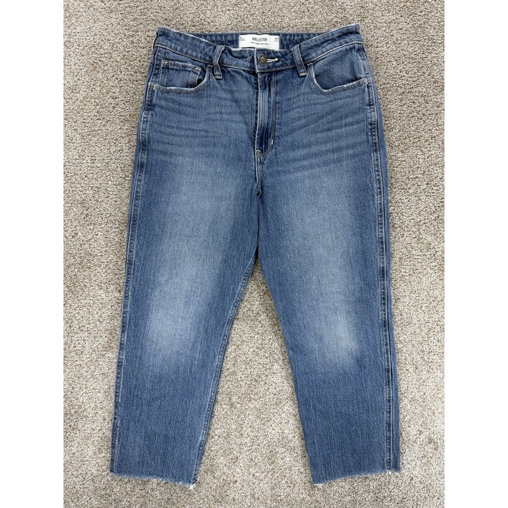 Hollister Ultra High Rise Mom Jeans Women's 8 Short Blue Raw‎ Hem Stretch Denim